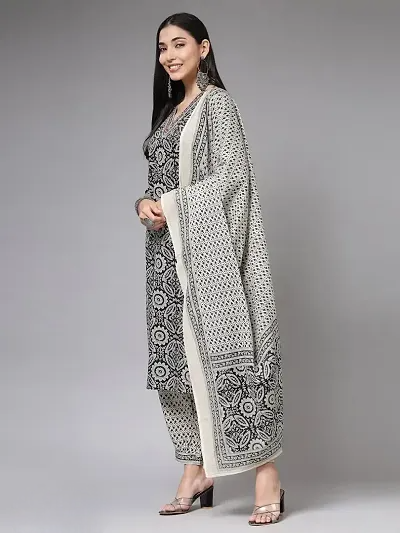 Stylish Viscose Rayon Printed Straight Kurta With Pant And Dupatta Set