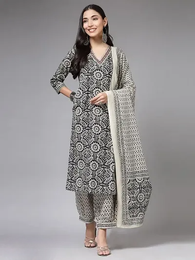 Stylish Viscose Rayon Printed Straight Kurta With Pant And Dupatta Set